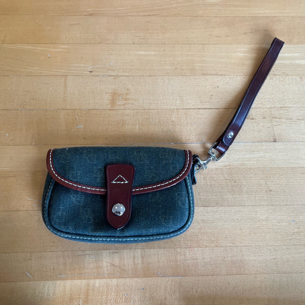 Dooney Bourke Monogram Signature Denim Leather Trim Flap Wristlet Clutch Wallet